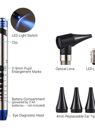 Handheld Optical Otoscope Ears Diagnostic Supplies 2 in 1 Otoscope and Eyes Diagnostic Tool Kit with LED Light 4mm Ear Tips