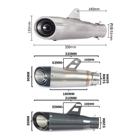 For Kawasaki Ninja Z900 Honda CB650R Yamaha R3 51mm Motorcycle Exhaust Muffler Pipe Escape 335mm Length