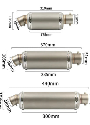 51mm Universal Motorcycle Exhaust Muffler Escape 310 370 440 mm Pipe 100cc-1000cc ATV GP Scooter For fz6 pcx125 Stainless Steel