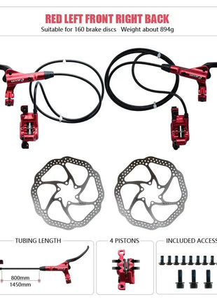ZOOM HB-876 4 Piston Folding Mountain Bike Disc Hydraulic Brake Set Front 800 Rear 1400 Mm Mtb Bicycle Cramp Red Cycling Parts