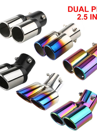 1PCS 2.5 inch Inlet Decoration Chrome Tail Pipe Car Styling Car Exhaust Trim Muffler Pipe Tail Stainless Steel Curved Double Outlet