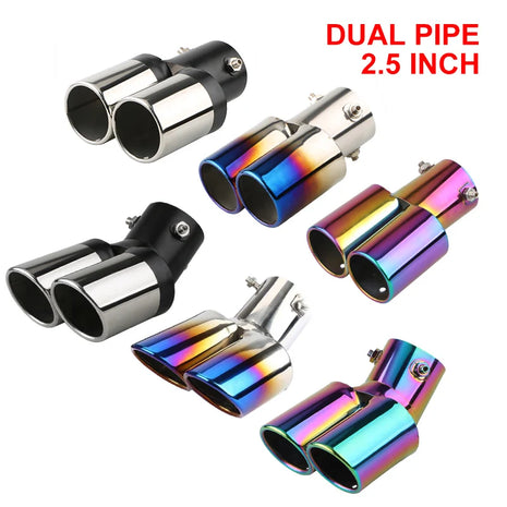 1PCS 2.5 inch Inlet Decoration Chrome Tail Pipe Car Styling Car Exhaust Trim Muffler Pipe Tail Stainless Steel Curved Double Outlet