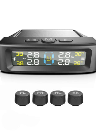 TPMS Tire Pressure Monitoring System Car Safety Alarm System Wireless Solar/USB Powered 4 Sensors with Color Digital Display