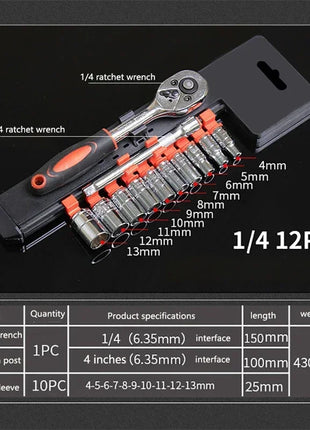 12pcs Socket Ratchet Handle Wrench Set 1/4 3/8 1/2 Spanner Kit With Extension Rod and 10 Common Sockets Car Repair Hand Tools
