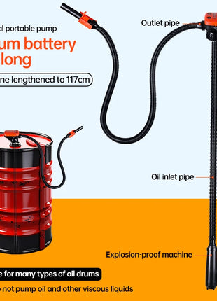 Rechargeable electric car fuel pump with lithium battery, capable of pumping gasoline. Electric, automatic, suitable for self-dr