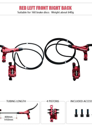 ZOOM HB-876 4 Piston Folding Mountain Bike Disc Hydraulic Brake Set Front 800 Rear 1400 Mm Mtb Bicycle Cramp Red Cycling Parts