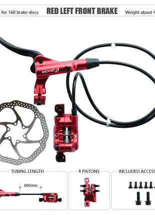 ZOOM HB-876 4 Piston Folding Mountain Bike Disc Hydraulic Brake Set Front 800 Rear 1400 Mm Mtb Bicycle Cramp Red Cycling Parts
