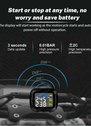 Motorcycle TPMS Tire Pressure Monitoring System Temperature Alarm With 2 External Sensors Moto Tyre Alarm Systems Real Time