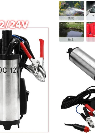 12V/24V DC Fuel Transfer Pump Diesel Oil Water Submersible Electric Motor for Car Camping Fishing  Stain Steel Shell Portable