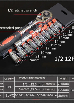 12pcs Socket Ratchet Handle Wrench Set 1/4 3/8 1/2 Spanner Kit With Extension Rod and 10 Common Sockets Car Repair Hand Tools