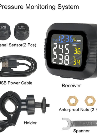 Motorcycle TPMS Tire Pressure Monitoring System Temperature Alarm With 2 External Sensors Moto Tyre Alarm Systems Real Time