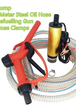 2 in 1 Oil Pump Refueling Gun Electric Submersible 5 Meter Steel Hose Fuel Water Camping Accessories
