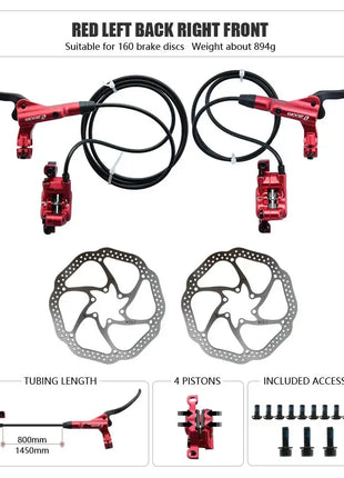 ZOOM HB-876 4 Piston Folding Mountain Bike Disc Hydraulic Brake Set Front 800 Rear 1400 Mm Mtb Bicycle Cramp Red Cycling Parts