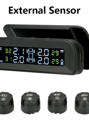 Smart car TPMS tire pressure monitoring system solar digital clock LCD display car tire pressure temperature safety alarm system