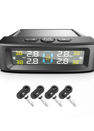 TPMS Tire Pressure Monitoring System Car Safety Alarm System Wireless Solar/USB Powered 4 Sensors with Color Digital Display