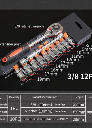 12pcs Socket Ratchet Handle Wrench Set 1/4 3/8 1/2 Spanner Kit With Extension Rod and 10 Common Sockets Car Repair Hand Tools
