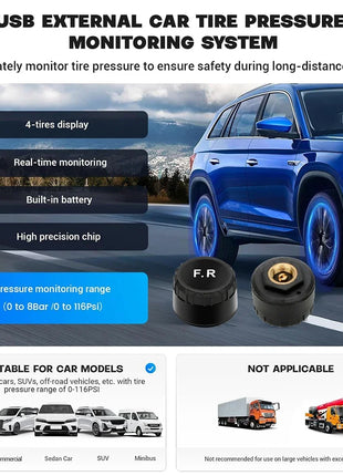 USB Android TPMS Tire Pressure Monitoring System Display Alarm System For Navigation Player Temperature Warning Sensors