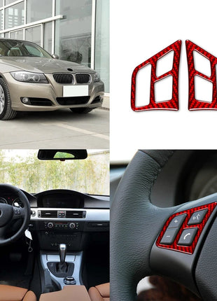 Red Carbon Fiber Steering Wheel Button Trim For Bmw 3 Series E90 E92 E93 2005-12